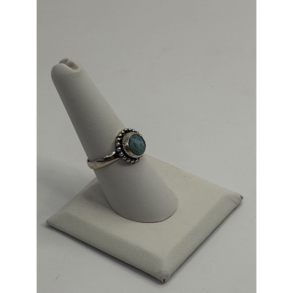 Silver Tone Larimer Round Beaded Halo Ring Size 8 Blue Gemstone Boho Minimalist - Picture 2 of 6
